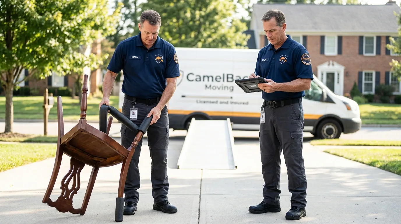 Movers inspecting furniture for damage prevention before loading in Boydton, VA