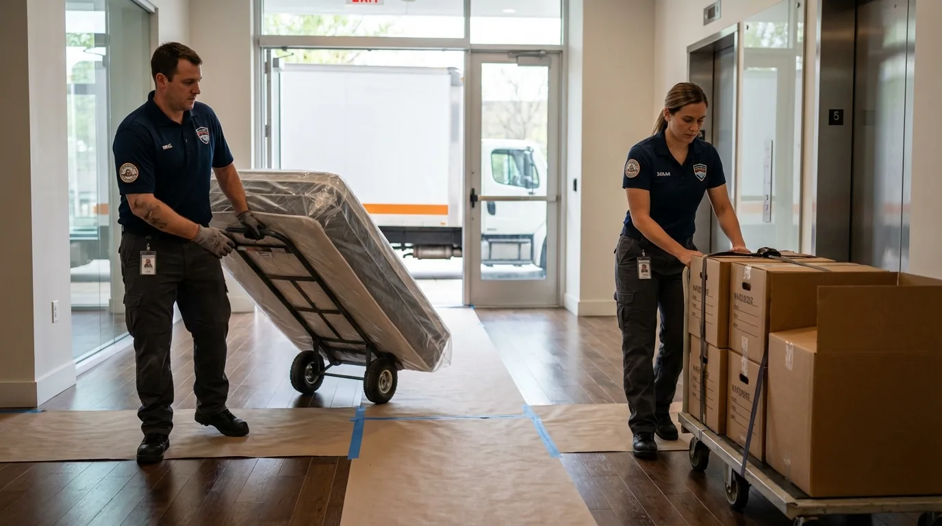 Professional apartment movers loading elevator in Boydton, VA